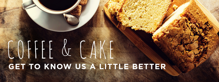 A photo of a cup of coffee and some cake with the subtitle "Get to know us a little better".