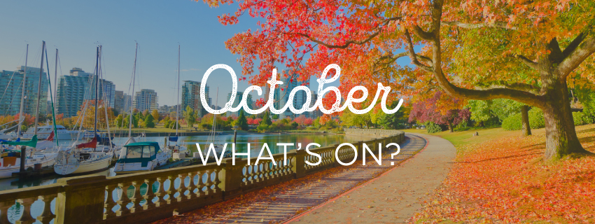 A picture of a path in a city park including trees that are shedding their leaves. The text says "October what's on?"